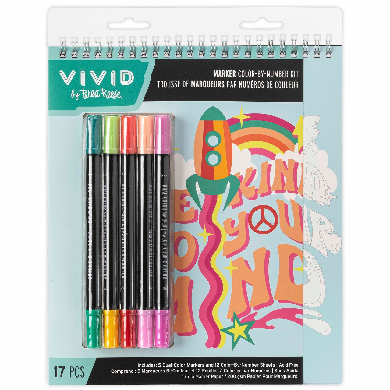 Vivid by Brea Reese: Marker Color-By-Number Kit - Good Vibes - 5 Dual-Sided Markers, 12 Retro Design Coloring Pages, Groovy Themed Spiral Art Pad